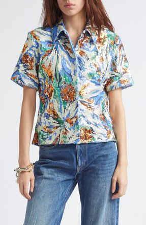 Paco Rabanne Floral Sequin Short Sleeve Shirt in Abstract Blue Flowers at Nordstrom, Size 10 Us
