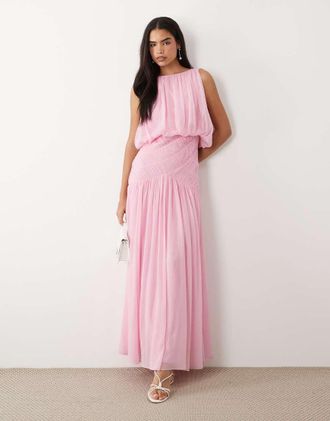 Asos Vestito lungo rosa drappeggiato arricciato in vita