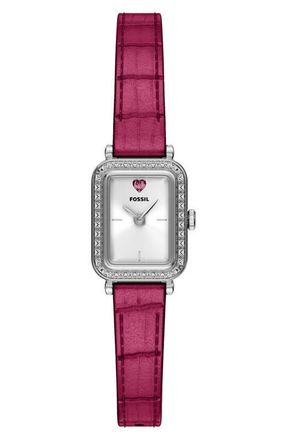 Fossil Mini Raquel Heart Tank Leather Strap Watch, 18mm x 29mm in White/Pink at Nordstrom