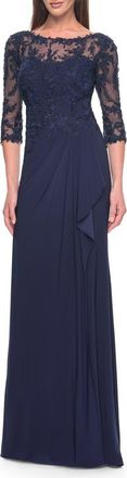 La Femme Long Evening Gown with Lace Illusion Sleeves and Neckline in Navy at Nordstrom, Size 20