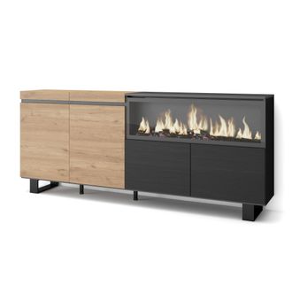 Skraut Home Aparadores Para Sal&oacute;n, Gran Capacidad De Almacenaje, 210, 4 Puertas, Chimenea El&eacute;ctrica Xxl, Dise&ntilde;o Industrial, Estilo Moderno, Roble Y Negro - Skraut