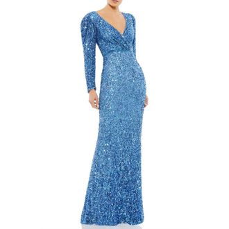 Mac Duggal Puff Shoulder Long Sleeve Sequined Surplice Gown in French Blue at Nordstrom, Size 24