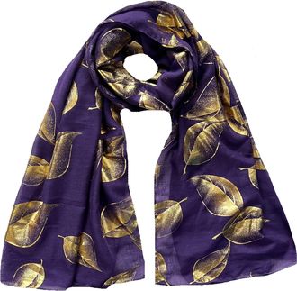 Lina & Lily Leaf Metallic Foil Womens Scarf Shawl Lightweight (Purple-Gold)