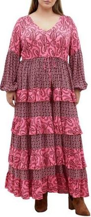 City Chic Clementine Long Sleeve Tiered Maxi Dress in Pink Print at Nordstrom Rack, Size Xxl/24W