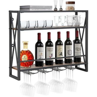 Costway Costway - Estante De Vino Industrial De Pared, Estante De Vino De Pared De 3 Niveles Con 4 Portavasos Para Copas, Soporte De Botellas De Vino Colgante