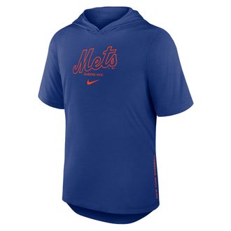 Nike New York Mets Arched Wordmark Nike Mens Dri-FIT MLB Hooded T-Shirt in Blue | 03NB4EWNME-6XV