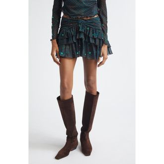 Siedres Kaia Check Tiered Chiffon Miniskirt in Blue Multi at Nordstrom, Size Medium