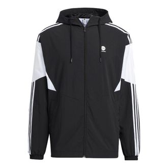 adidas Mens adidas Logo Printing Colorblock Stripe Zipper Hooded Long Sleeves Sports Jacket Autumn Black HM1996