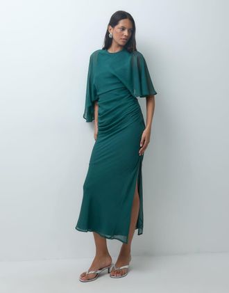 Asos vestito maxi in chiffon con maniche asimmetriche verde scuro-Multicolore