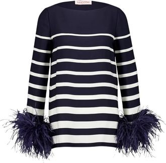 Valentino Garavani Gestreepte Veren Blouse Marineblauw Wit - Dames - Blouses - Blauw - XS - Overhemden