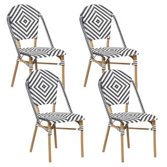 Beliani Conjunto De 4 Sillas De Jard&iacute;n Asiento De Rat&aacute;n Blanco Y Negro Marco De Aluminio Conjunto De Interior Y Exterior Rifreddo