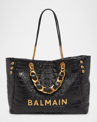 Balmain 1945 Soft Tote Bag in Croc-Embossed Leather