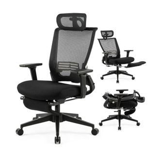 Elle Sedia da ufficio ergonomica pieghevole con poggiapiedi, schienale in rete traspirante, supporto lombare regolabile, sedia da ufficio nera comoda