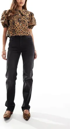 Only Jane mid waist straight leg jeans in washed black