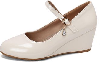 Generic Womens Mary Jane Wedge Shoes Adjustable Buckle Strap Teardrop Crystal Charm Round Toe Metallic PU Leather Non Slip Sole Comfortable Stylish Daily Shoe