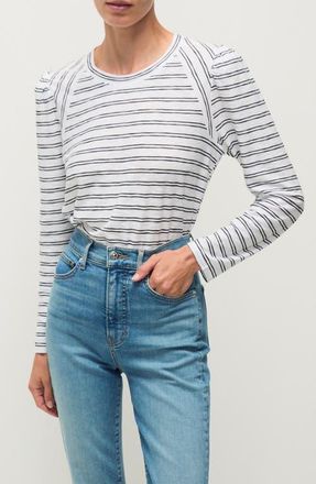 Veronica Beard Mason Stripe Puff Shoulder Baseball Top in Black White at Nordstrom, Size X-Large