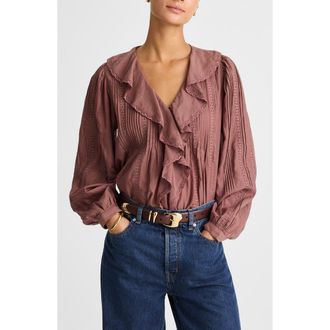 Madewell Lace Insert Ruffle Pintuck Long Sleeve Top in Burnt Soil at Nordstrom Rack, Size Xx-Small