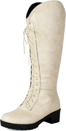 Generic Womens Lace Up Knight Boots Low Block Heel Knee High Boots Round Toe PU Leather Casual Long Boot,Beige,8.5 UK