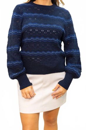 White + Warren Cashmere Lace Stitch Sweater In Blue Combo