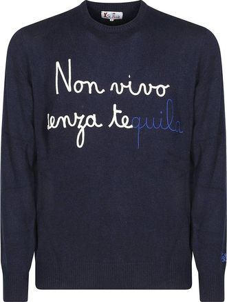 MC2 Saint Barth Round-neck Knitwear, male, Blue, Size: XL Wool Sweater with Front Print