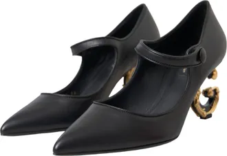 Dolce & Gabbana Womens Black Leather Logo Heels Mary Janes Pumps Shoes Lamb