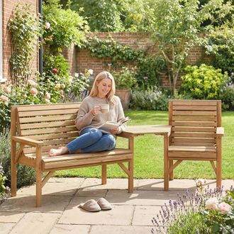 OUTSUNNY Wood Garden Furniture Set w/ Parasol Hole, Detachable Table in Natural