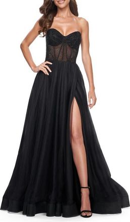 La Femme A-Line Tulle Prom Dress with Rhinestone Fishnet Bodice in Black at Nordstrom, Size 12