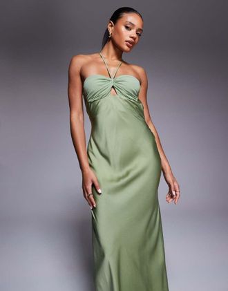 Asos Vestito lungo allacciato al collo in raso verde salvia con busto a contrasto e spalline sottili