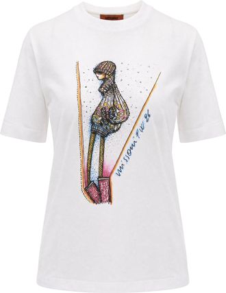Missoni Ribbed Crew Neck Colorful Illustrated Print Cotton T-Shirt