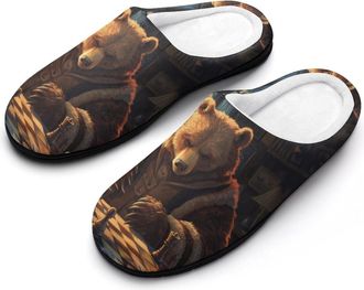 Generic Bear Playing Chess Womens Slippers Warm House Slippers Indoor House Shoes with Anti-Skid Rubber Sole