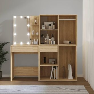 Berkfield Home LED Dressing Table with 2 Cabinets Sonoma Oak Engineered Wood in Brown