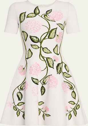 Oscar De La Renta Short-Sleeve Porcelain Flower Knit Mini Dress