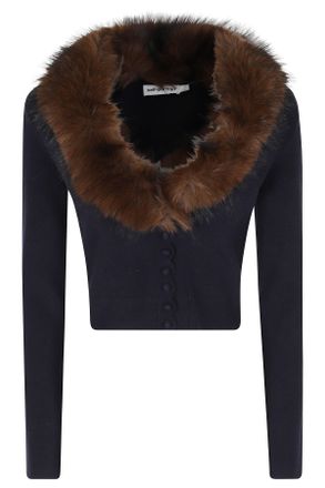 Self Portrait Blue Faux Fur Trimmed V-Neck Wool-Blend Cardigan