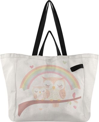 Generic Rainbow Owl Beige print Reusable Canvas Tote Bag, Heavy Duty Grocery Shopping Bag with Large Capacity Hard Bottom Double Handles Work Groceries Travel