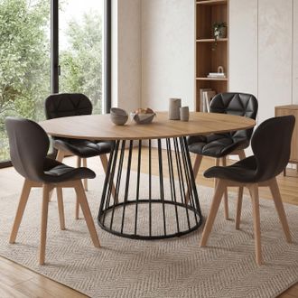 IDMarket Conjunto De Mesa De Comedor Redonda Extensible Yuna Con Tablero De Madera Y Pata De Alambre Met&aacute;lico 110-150 Cm Y 4 Sillas Robin