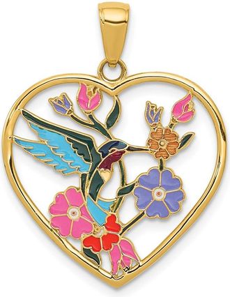 Diamond2Deal 14k Yellow Gold Enameled Hummingbird Flowers Heart Pendant