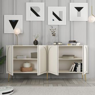 Dmora Aparador Torno, Alacena 2 Estantes, 4 Compartimentos, 4 Puertas, 180x35x80h Cm Blanco Crema