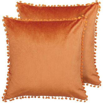 Beliani Set of 2 Decorative Cushions AERANGIS Velvet 45 x 45 cm Orange Solid