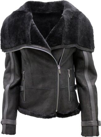 Infinity Womens Short Black Merino Sheepskin Aviator Leather Jacket M