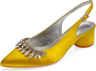 Generic Wedding Shoes Women Ankle Strap Pointed Toe Slingback Chunky Low Heels Dress Pumps Bridal Shoes 4.5Cm,Yellow,7 UK