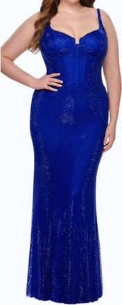 La Femme Rhinestone Fishnet Dress With Bustier Corset Style Top In Royal