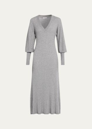 Brunello Cucinelli Sparkle Cashmere Rib Long-Sleeve Midi Dress