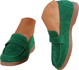 Generic Womens Loafers Casual Flat Bottom Non Slip Round Toe Solid Suede Shoes Comfortable Dressy Slip-Ons Work Driving Womens Shoe (Green, 5.5)