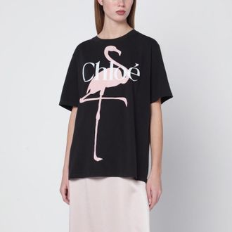 Chlo&eacute; Black oversized T-shirt with logo and flamingo print