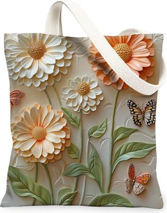 Generic Spring Relief Zinnia Flower Canvas Tote Bag for Shopping 13x15, Luxury Floral Wildflower Reusable Grocery Print Pattern Bag for Women Men, Garden Aest