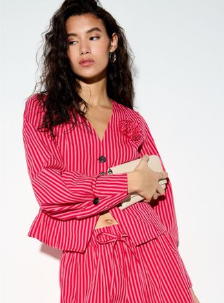 Icone Womens 3D flower V-neck cinched poplin blouse