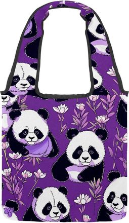 Generic Cute Panda on Purple Reversible Canvas Shoulder Tote - Double-Sided Print, 12oz Cotton, 27cm Drop, Fold-Flat Bag for Travel, Shopping, Street Outings