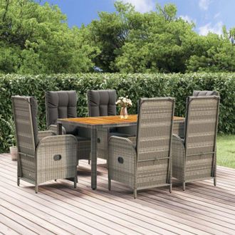 vidaXL Set Comedor Jard&iacute;n 7 Pzas Y Cojines Rat&aacute;n Sint&eacute;tico Gris