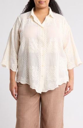 Forgotten Grace Embroidered Cotton Button-Up Shirt in Natural at Nordstrom Rack, Size 1X