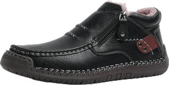 Generic Mens Handmade Premium Leather Slip-On Driving Boots, Men Side Zipper Orthopedic Shoes for Driving Hiking (Black Plush,11.5)